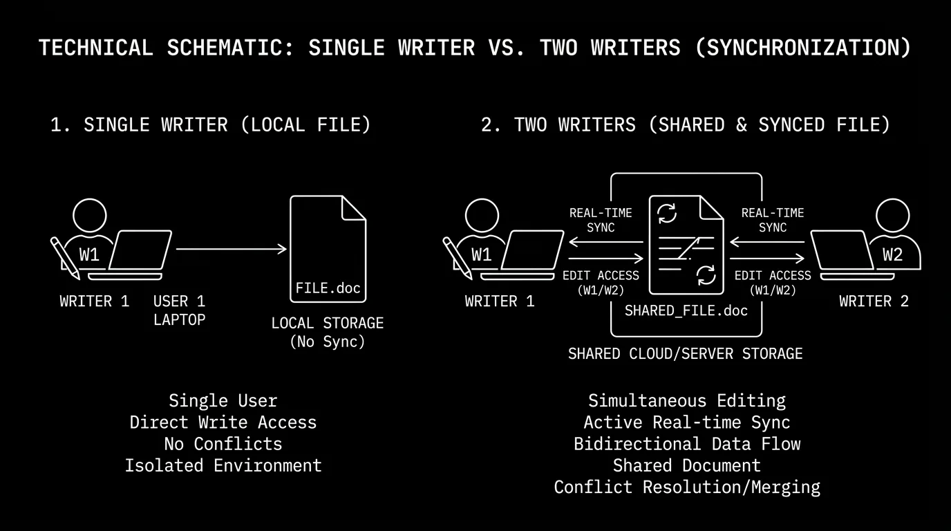 Dark mode technical sketch: single writer vs two writers; "one file" vs "sync"