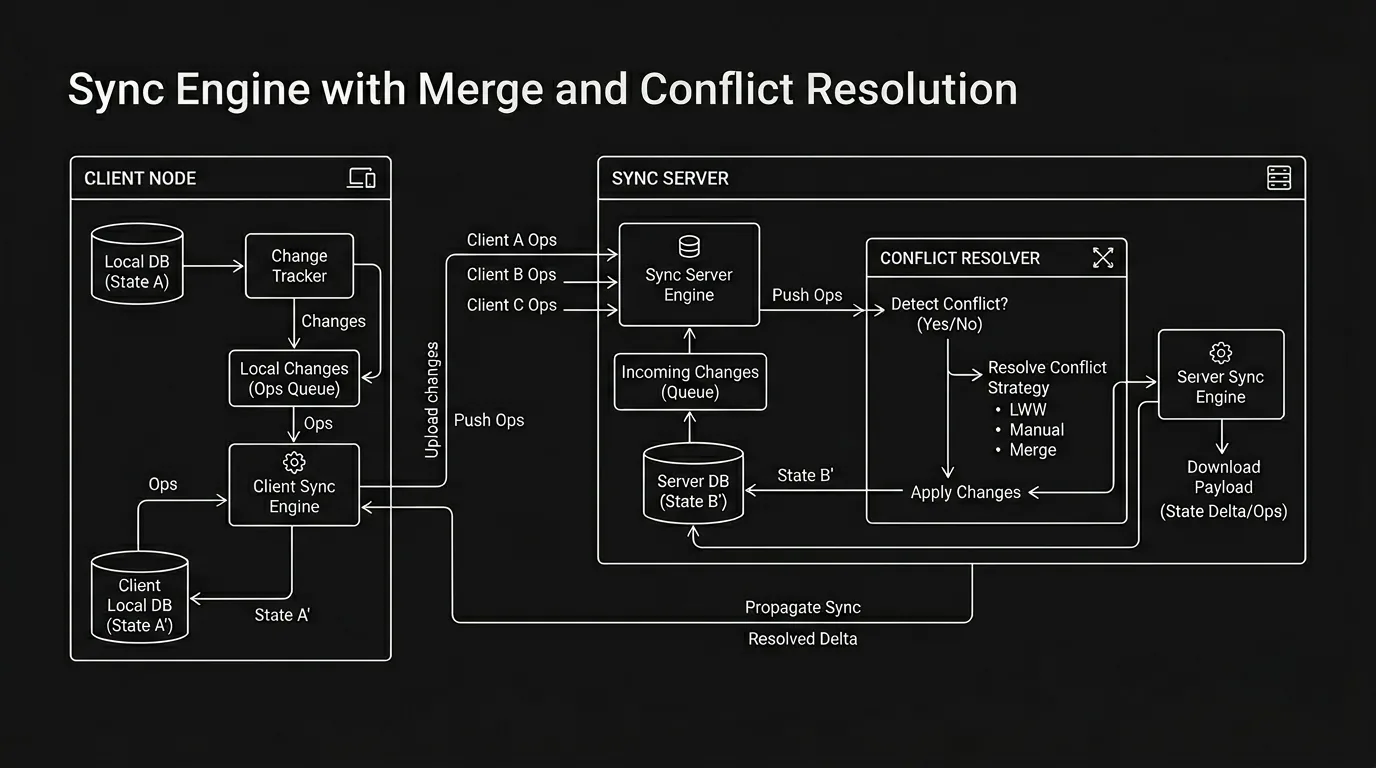 Dark mode technical sketch: sync engine; merge; conflict resolution