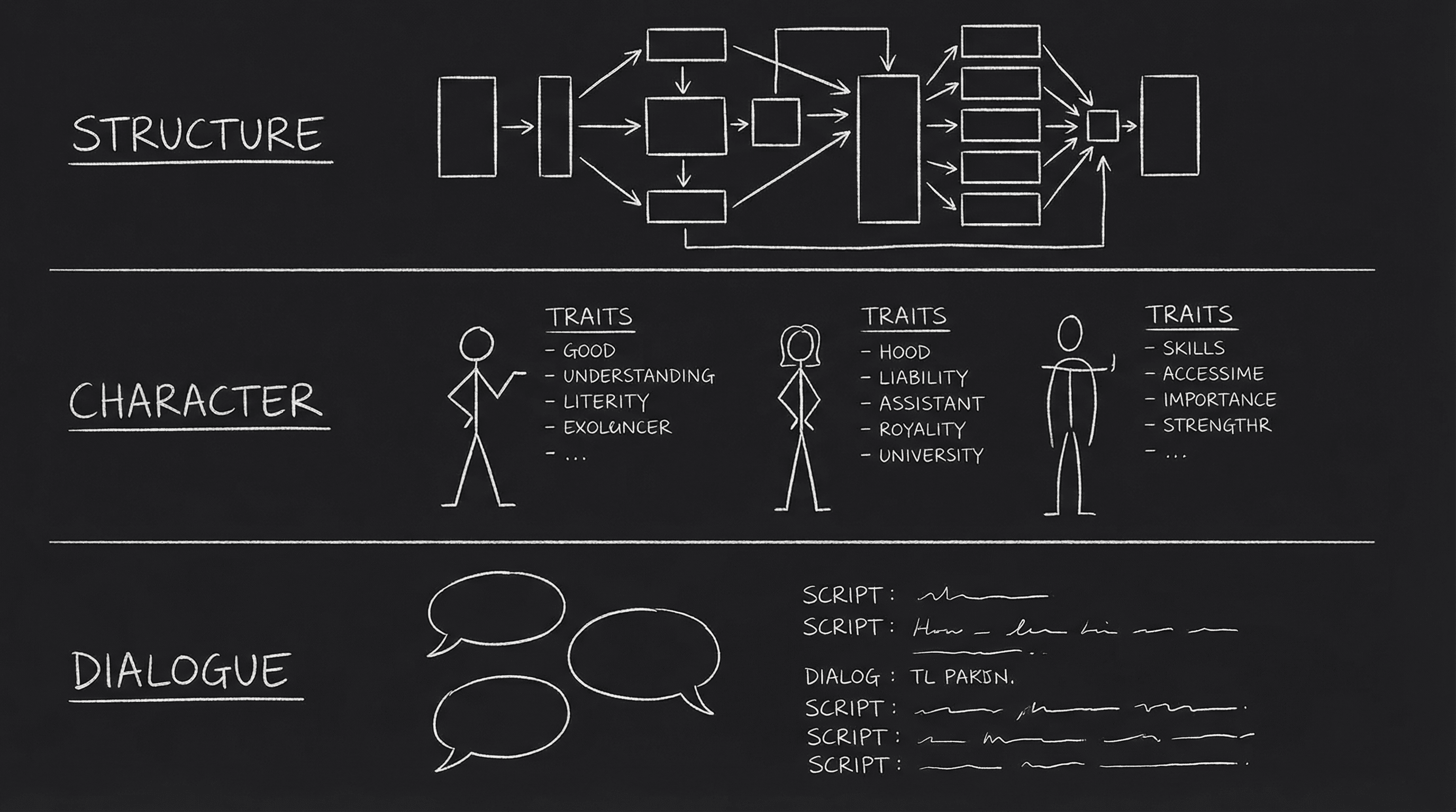 Three-layer diagram: Structure, Character, Dialogue