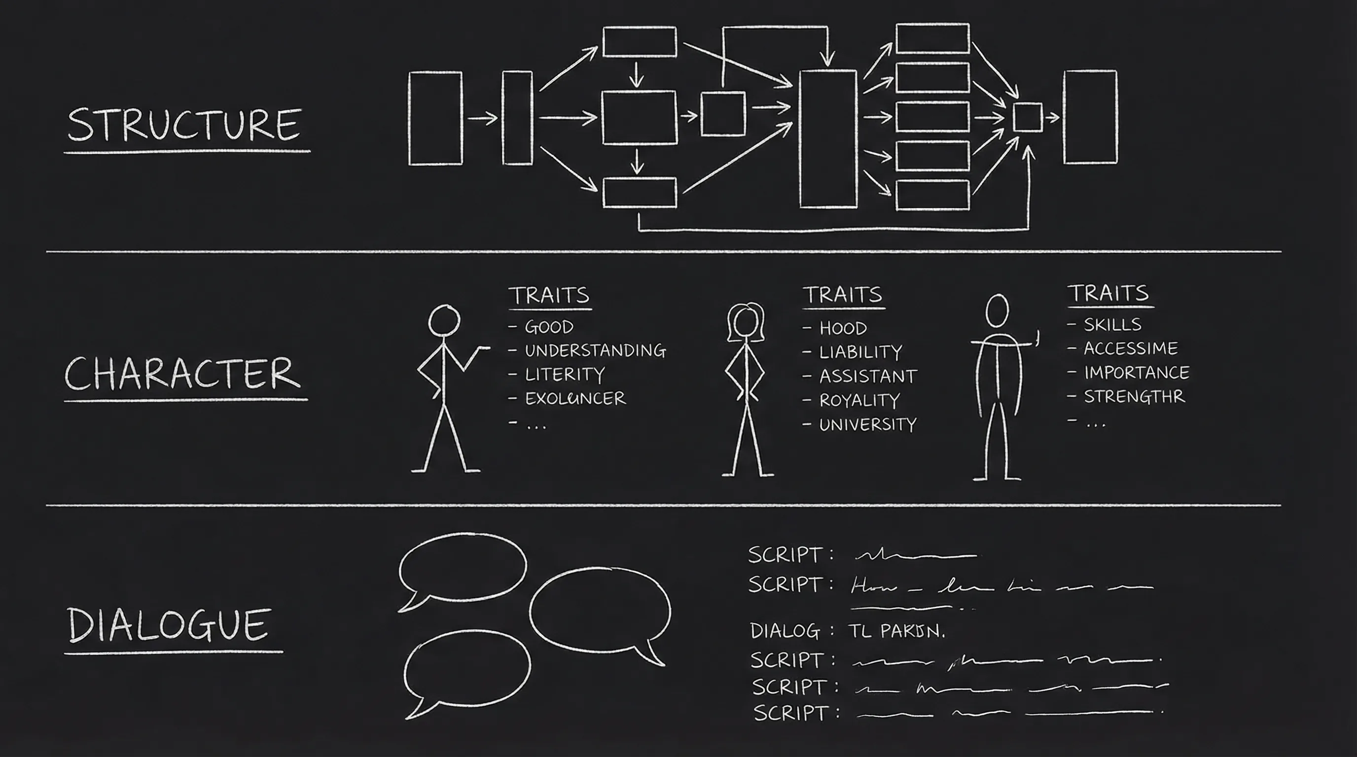 Three-layer diagram: Structure, Character, Dialogue