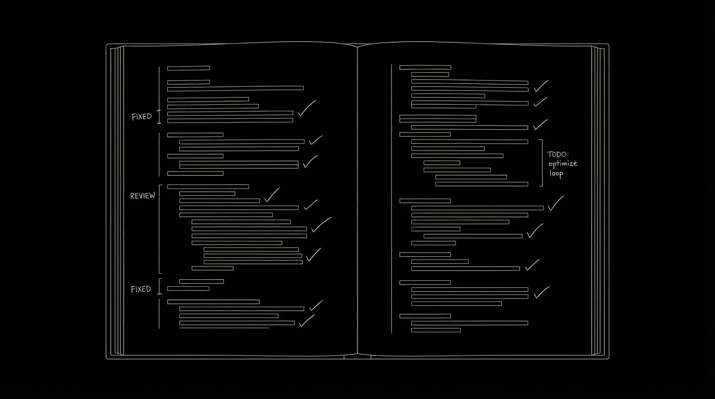Script pages with checkmarks and margin notes