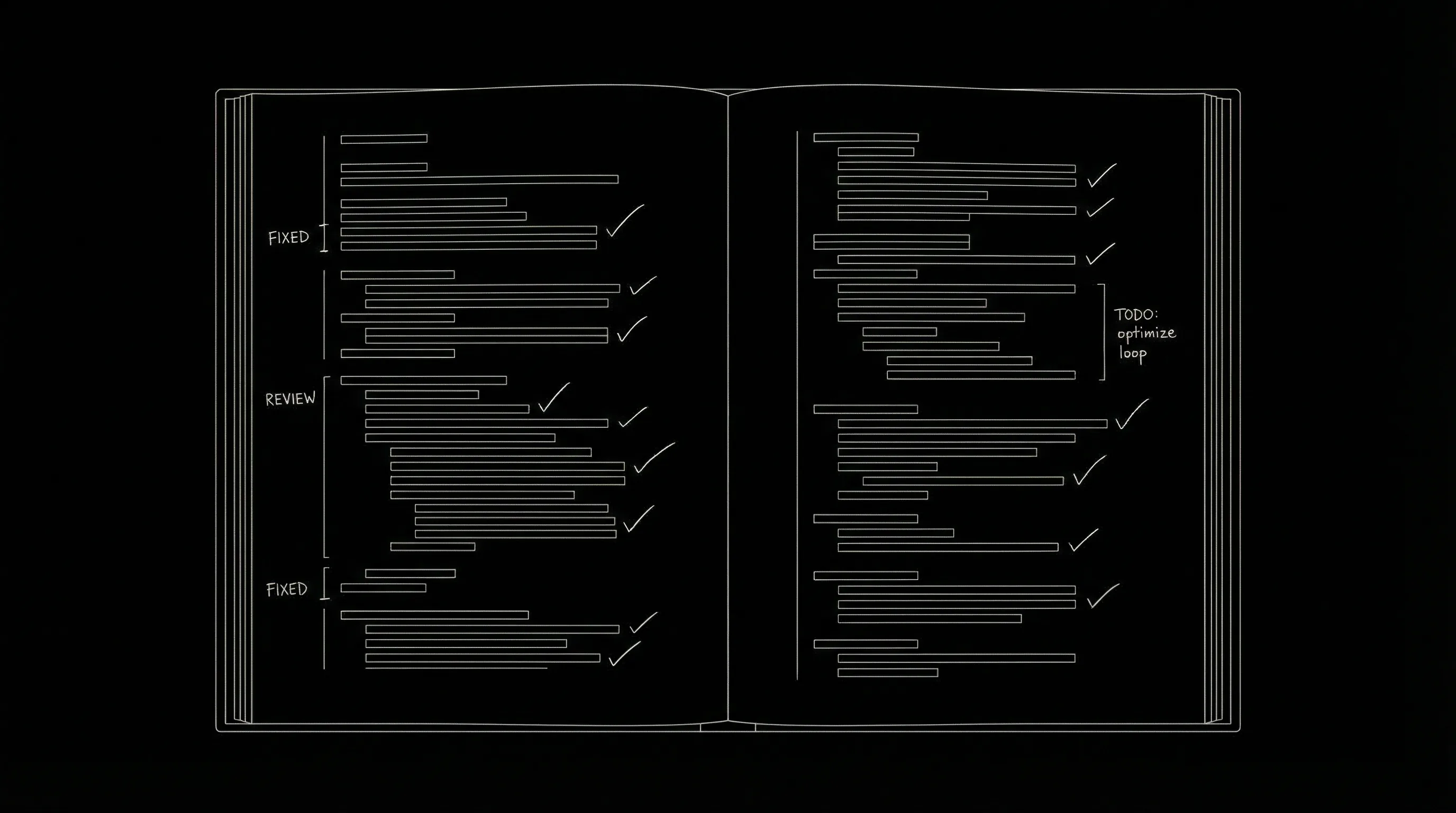 Script pages with checkmarks and margin notes