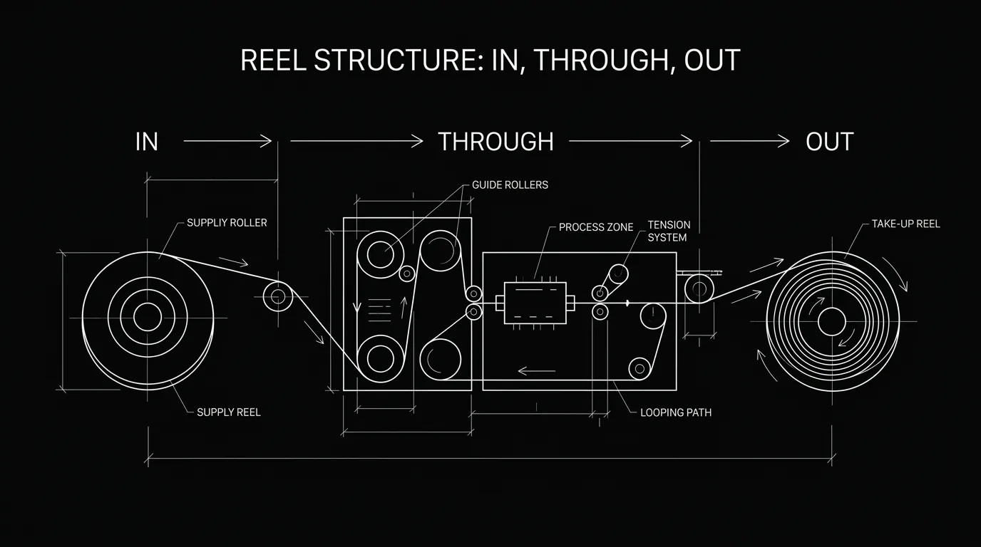 Reel structure: in, through, out; dark mode technical sketch