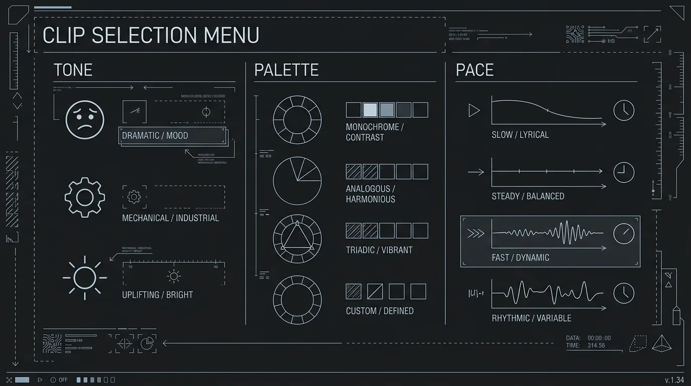 Clip selection: tone, palette, pace; dark mode technical sketch