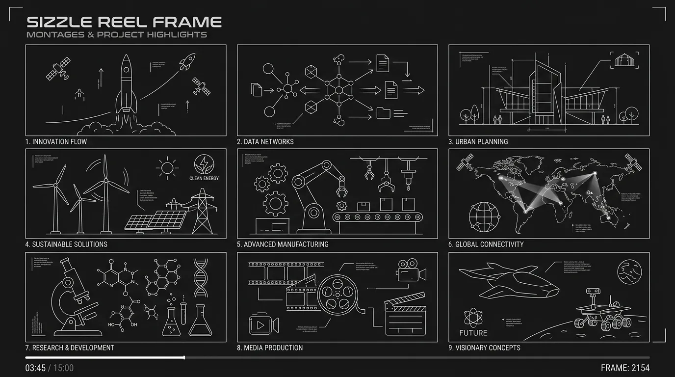 Sizzle reel frame; dark mode technical sketch