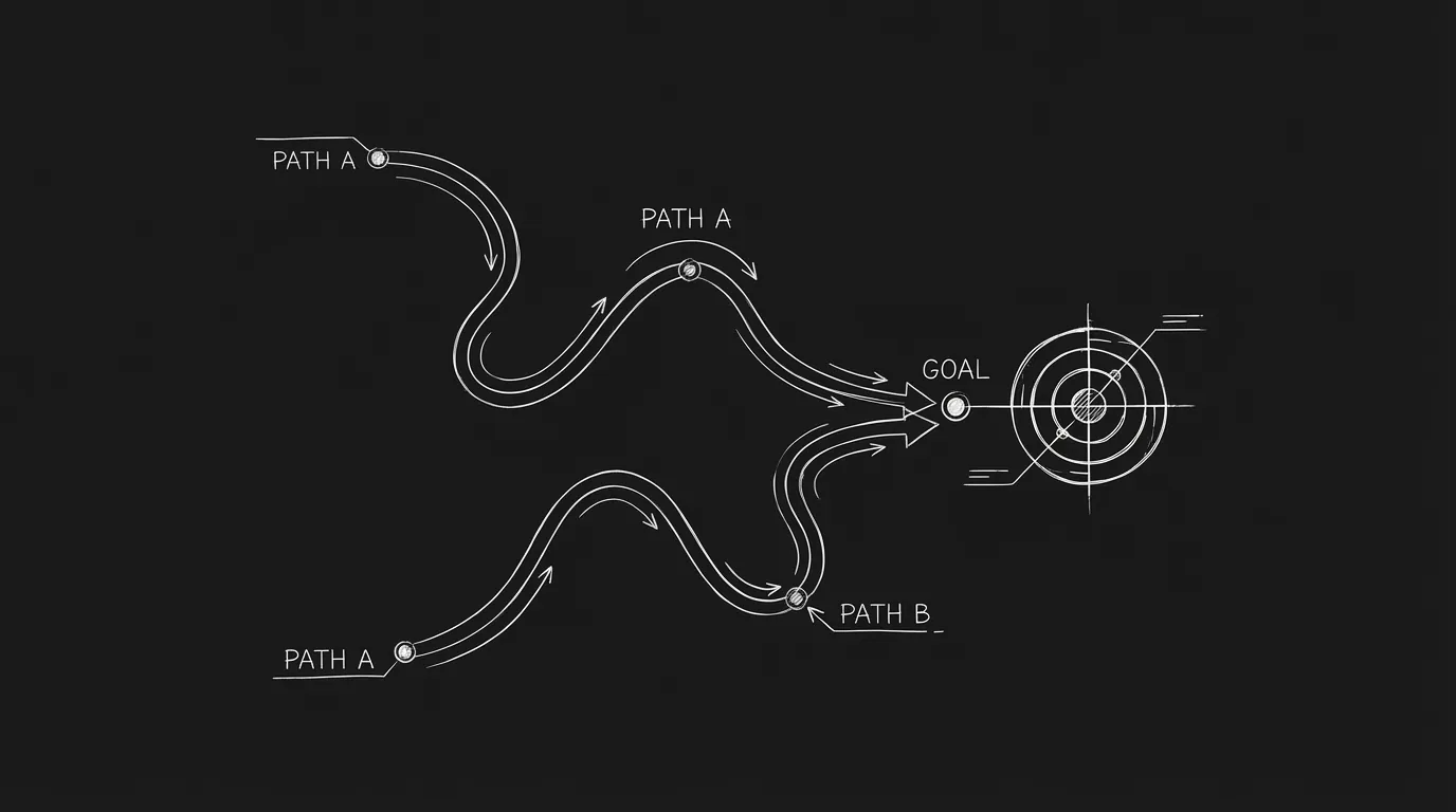 Two paths toward one goal; dark mode technical sketch