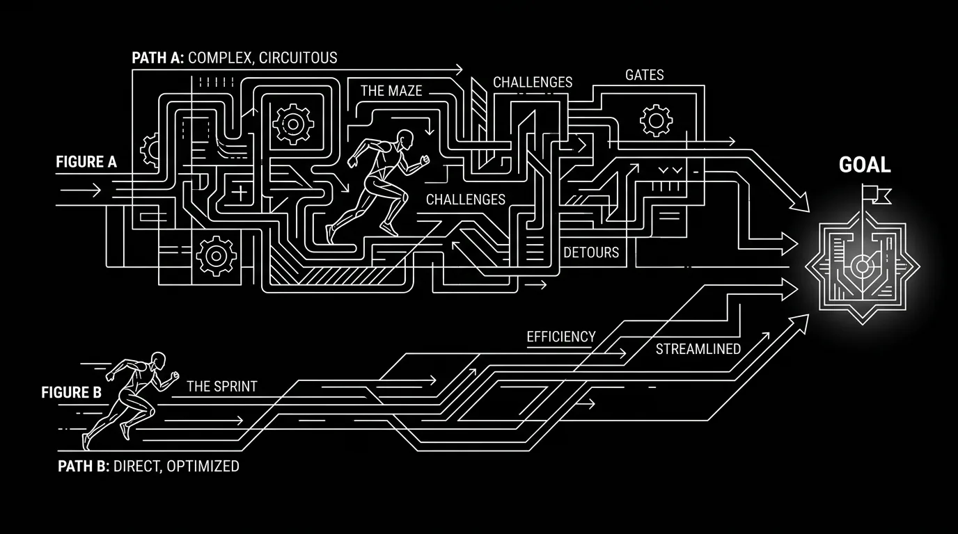 Two figures in competition; dark mode technical sketch