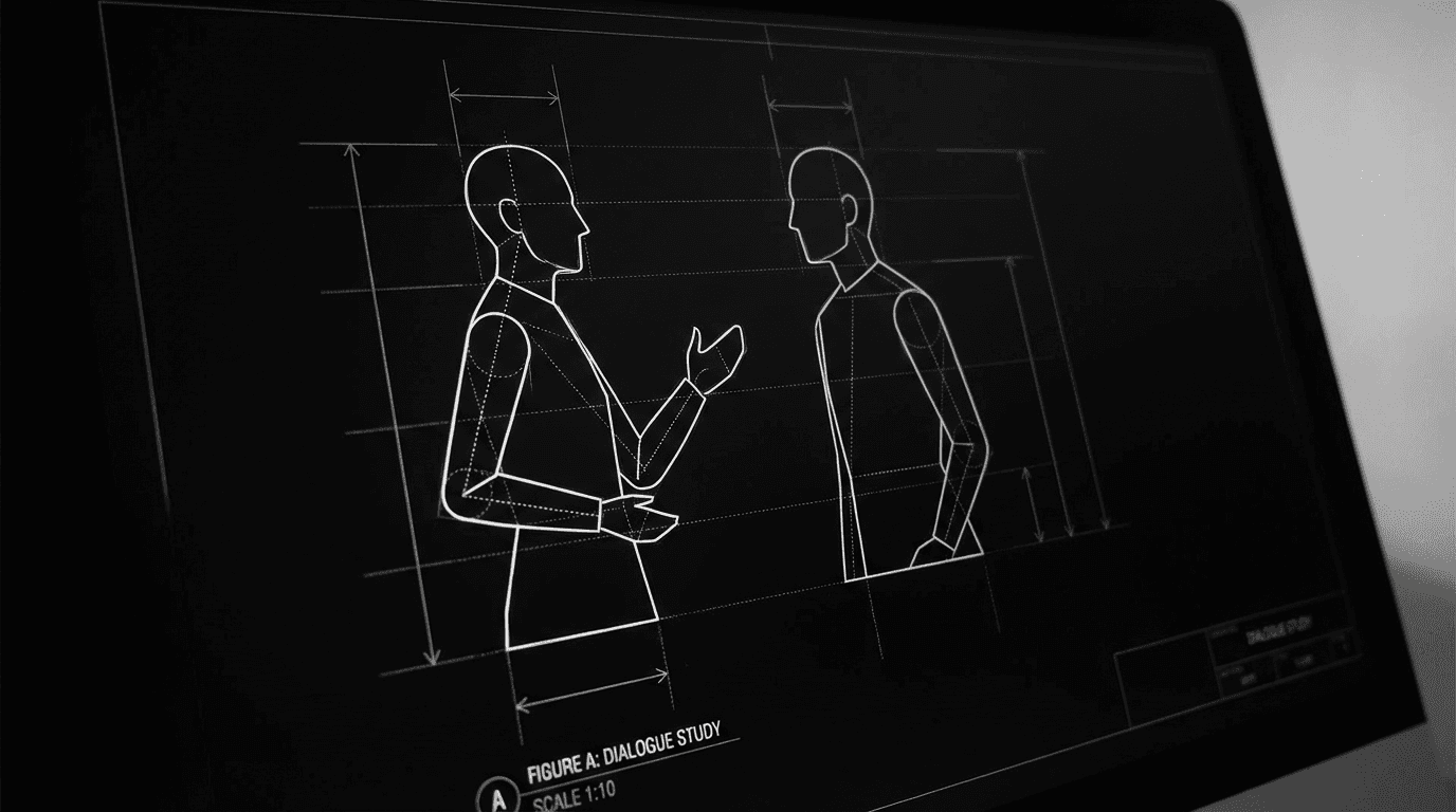 Two figures in conversation; one with own gesture; dark mode technical sketch