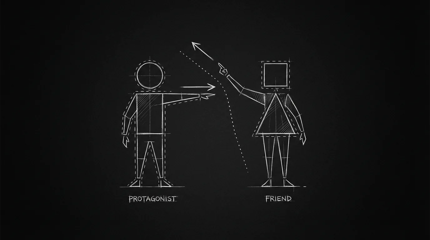 Best friend as character with own direction; dark mode technical sketch