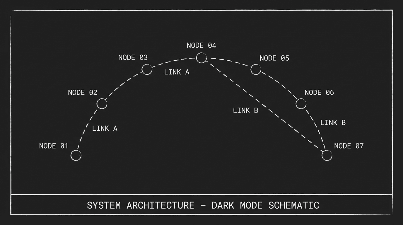 Seven nodes on a curve; dark mode technical sketch