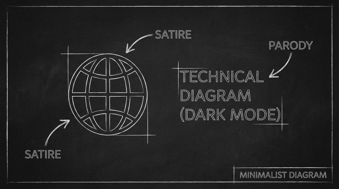 Satire: arrow at world; parody: arrow at text; dark mode technical sketch