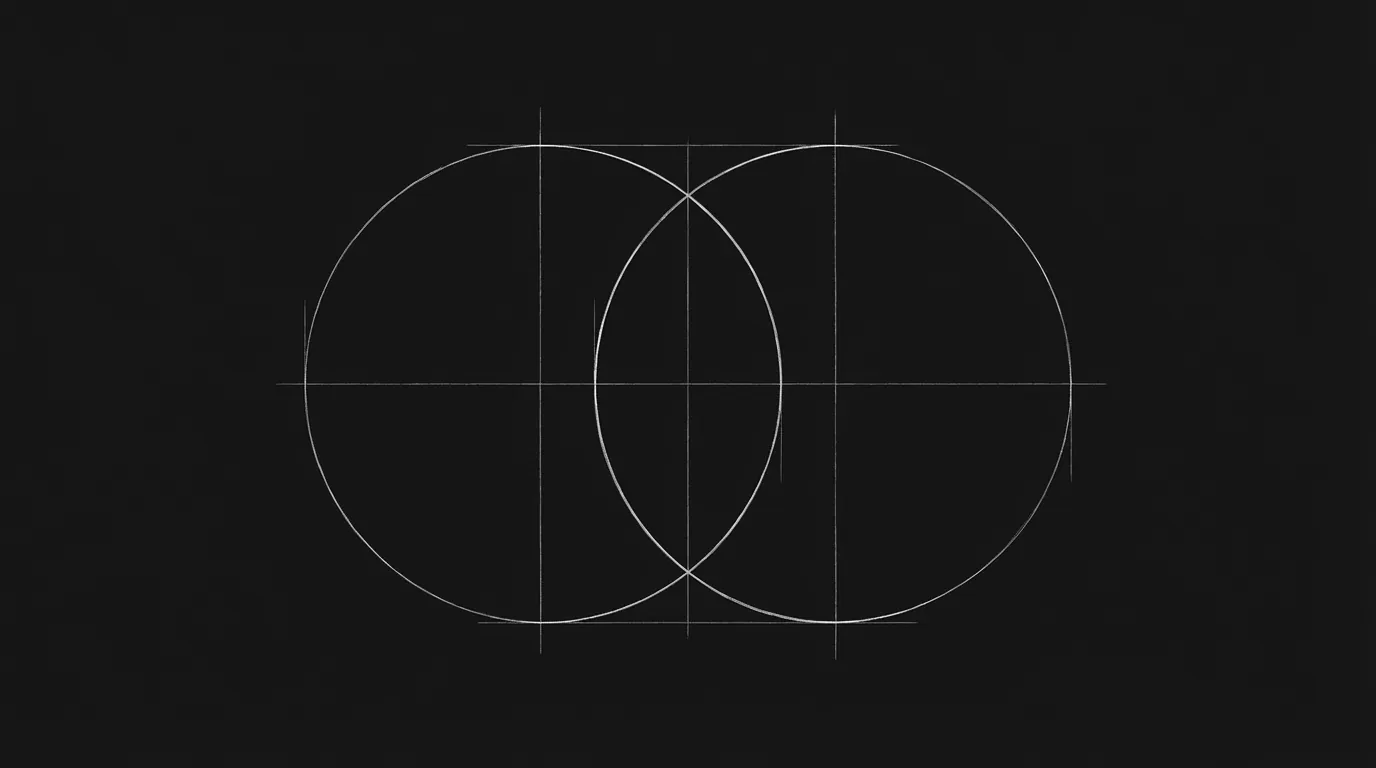 Two circles, overlap; dark mode technical sketch