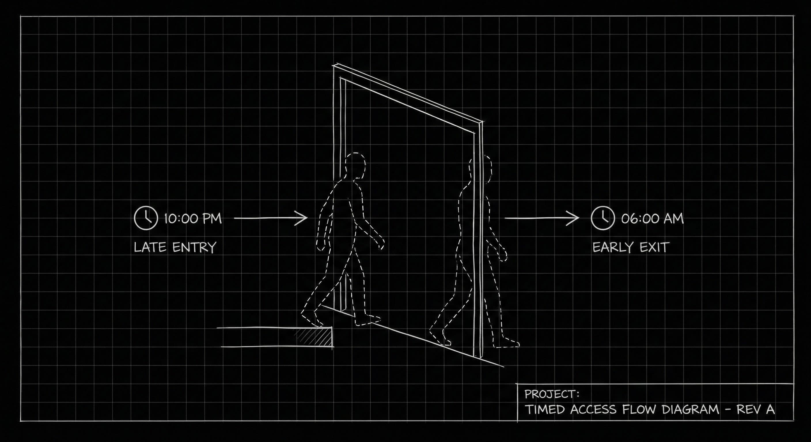 Scene entry and exit: door frame, figure entering late and exiting early; dark mode technical sketch