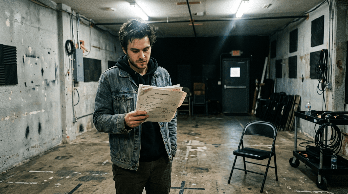 Actor in rehearsal with script; cinematic film still