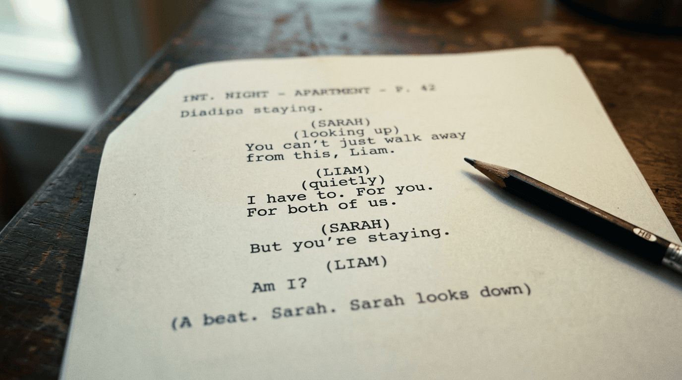 Dialogue lines on screenplay page; cinematic film still
