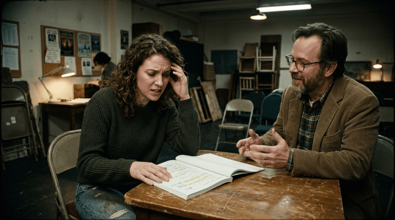 Cinematic workflow still, first angle, 35mm film grain