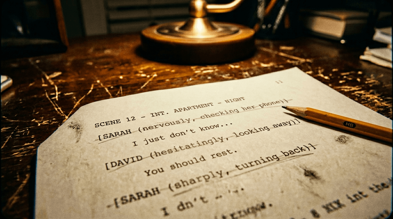 Cinematic 35mm film still: screenplay page with pencil marks, desk lamp