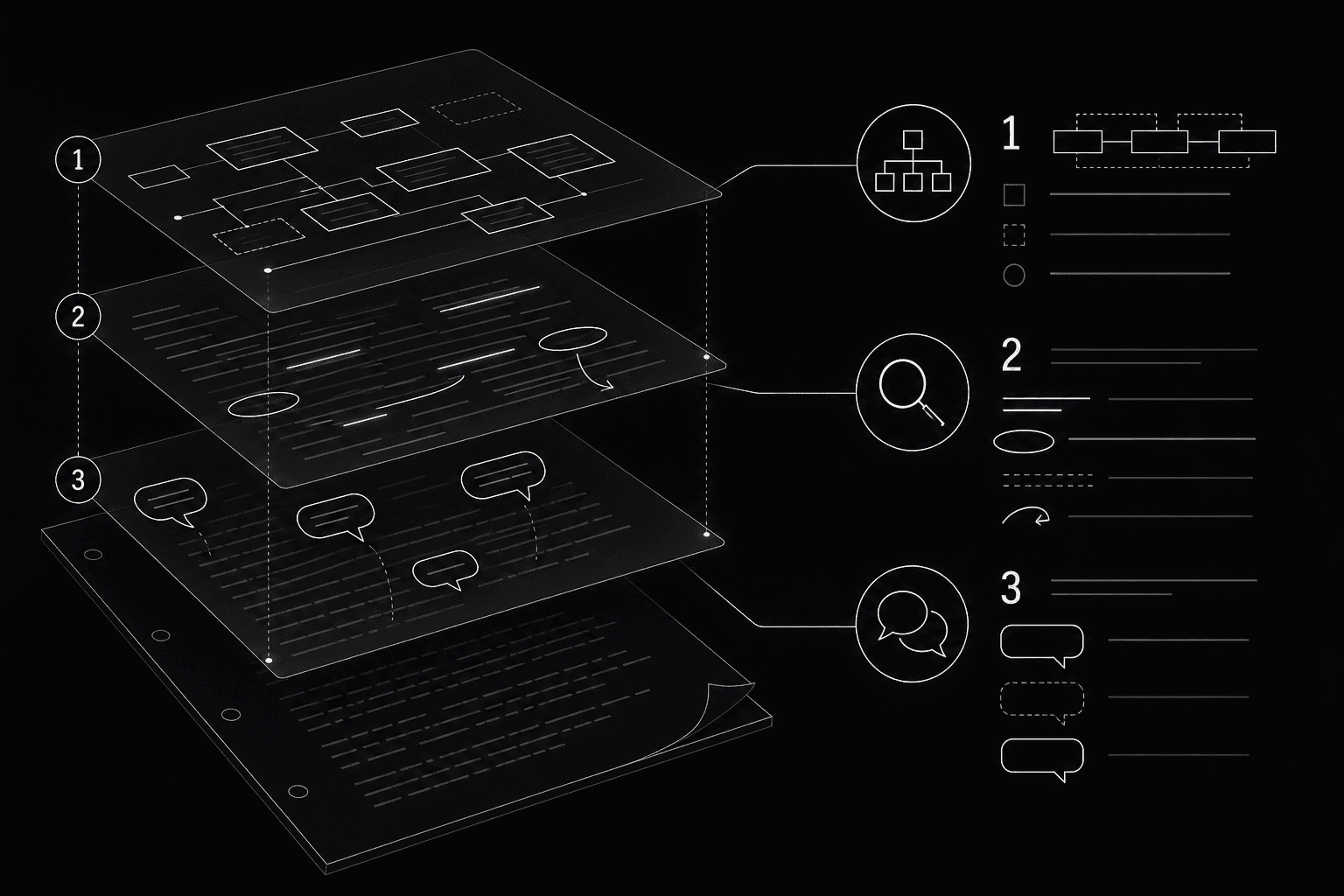Dark mode technical sketch: three layered passes over a script page; thin white lines on black