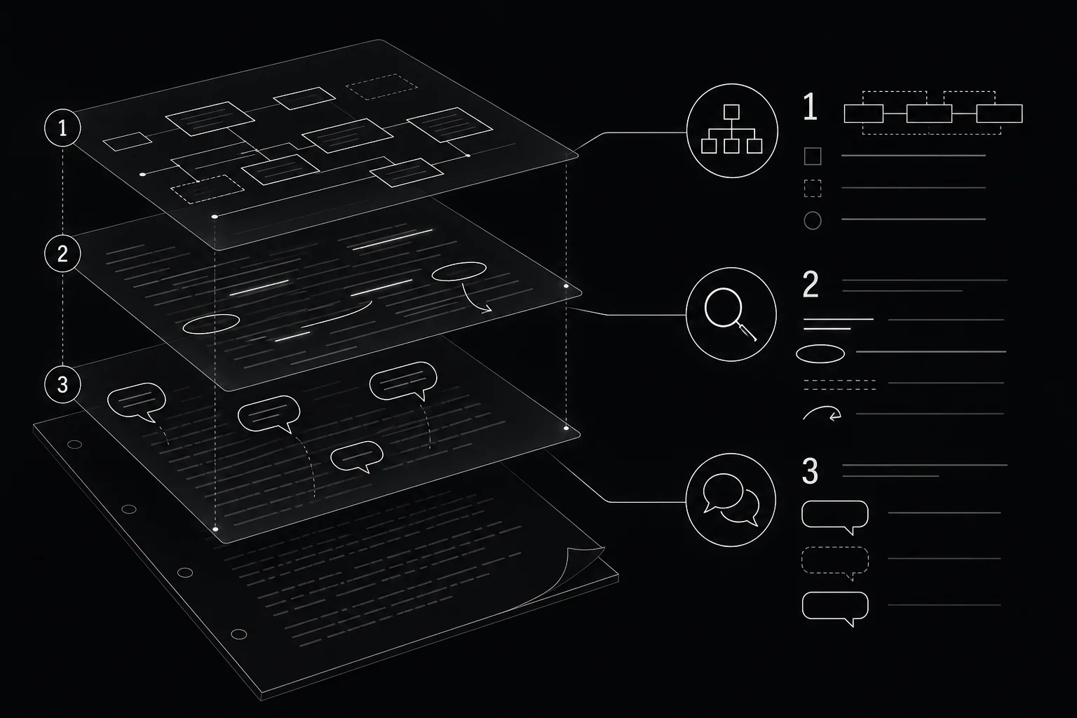 Dark mode technical sketch: three layered passes over a script page; thin white lines on black