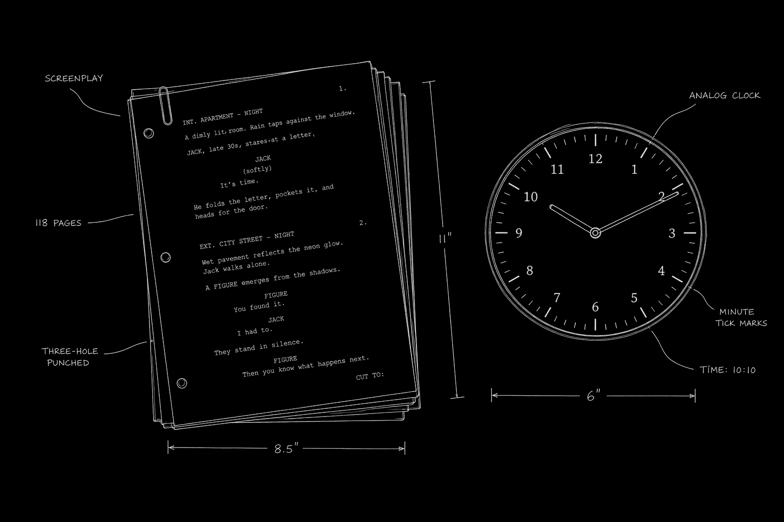 Dark mode technical sketch: screenplay pages beside a clock face with minute marks, thin white lines on solid black