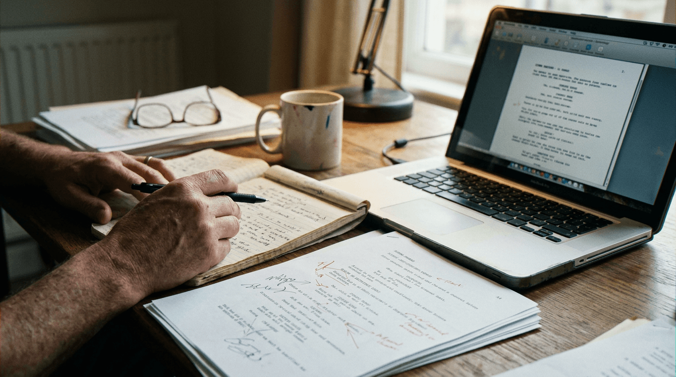 Cinematic workflow still, second angle, 35mm film grain