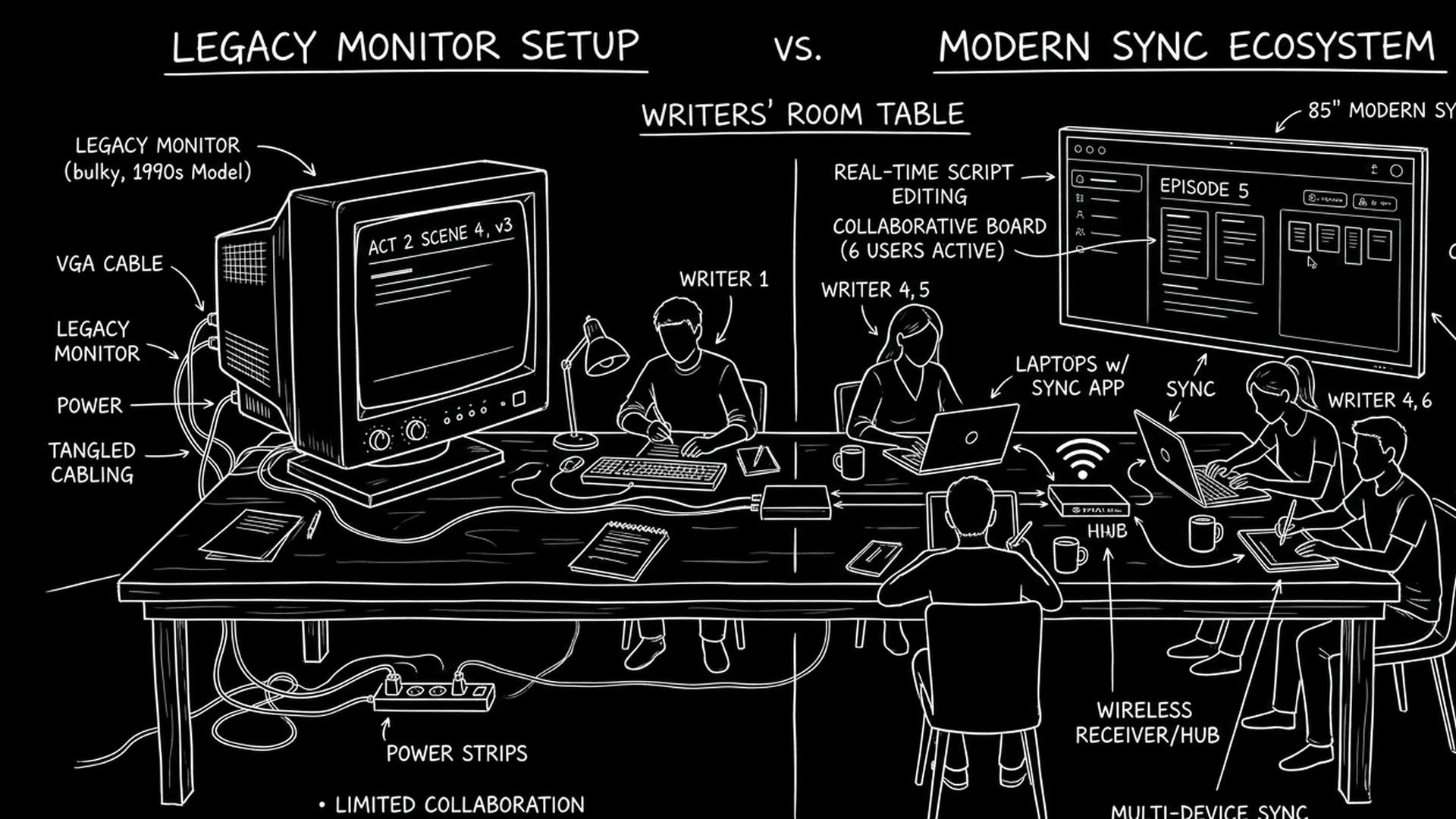 Dark mode technical sketch: local disk stack linked to cloud with merge checkpoint diagram