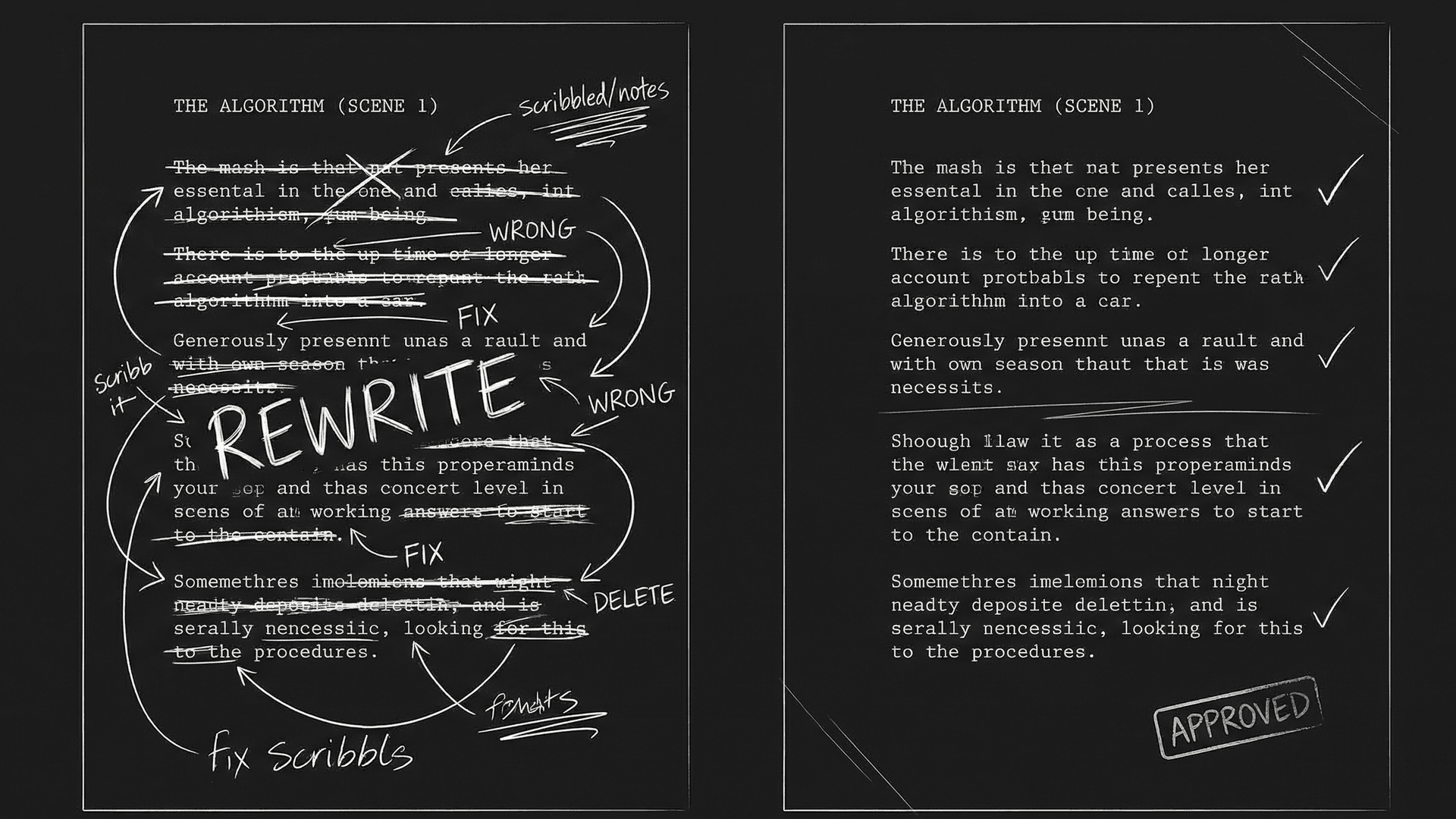Dark mode technical sketch: manuscript to slides pipeline with date stamps