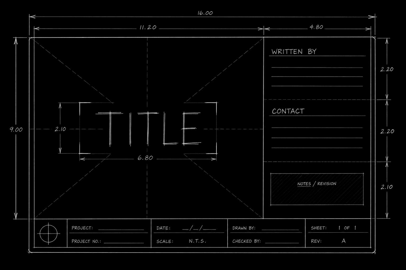 Spec script title page field map with margin guides; dark mode technical sketch