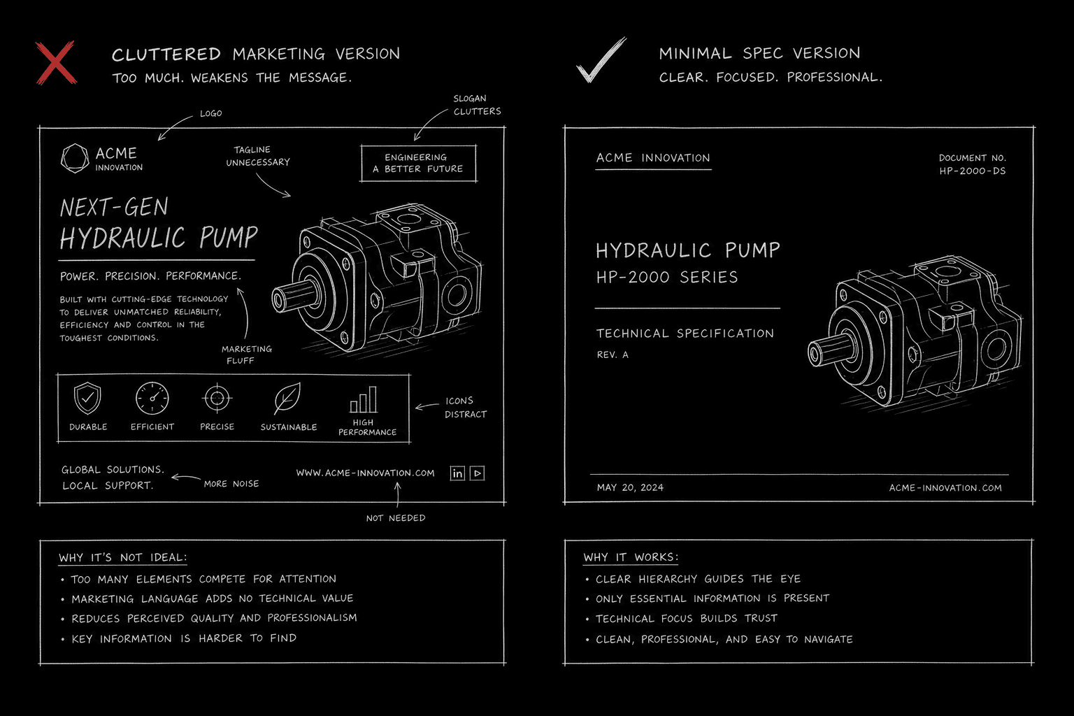 Title page mistake panel vs corrected spec layout; dark mode technical sketch