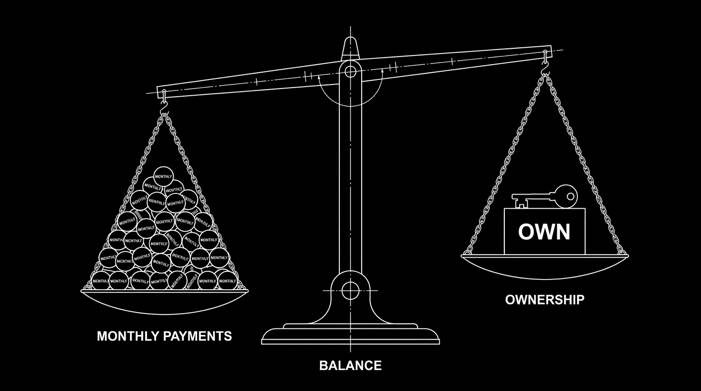 Dark mode technical sketch: balance scale with subscription coins on one side and one-time license on the other; thin white lines on black