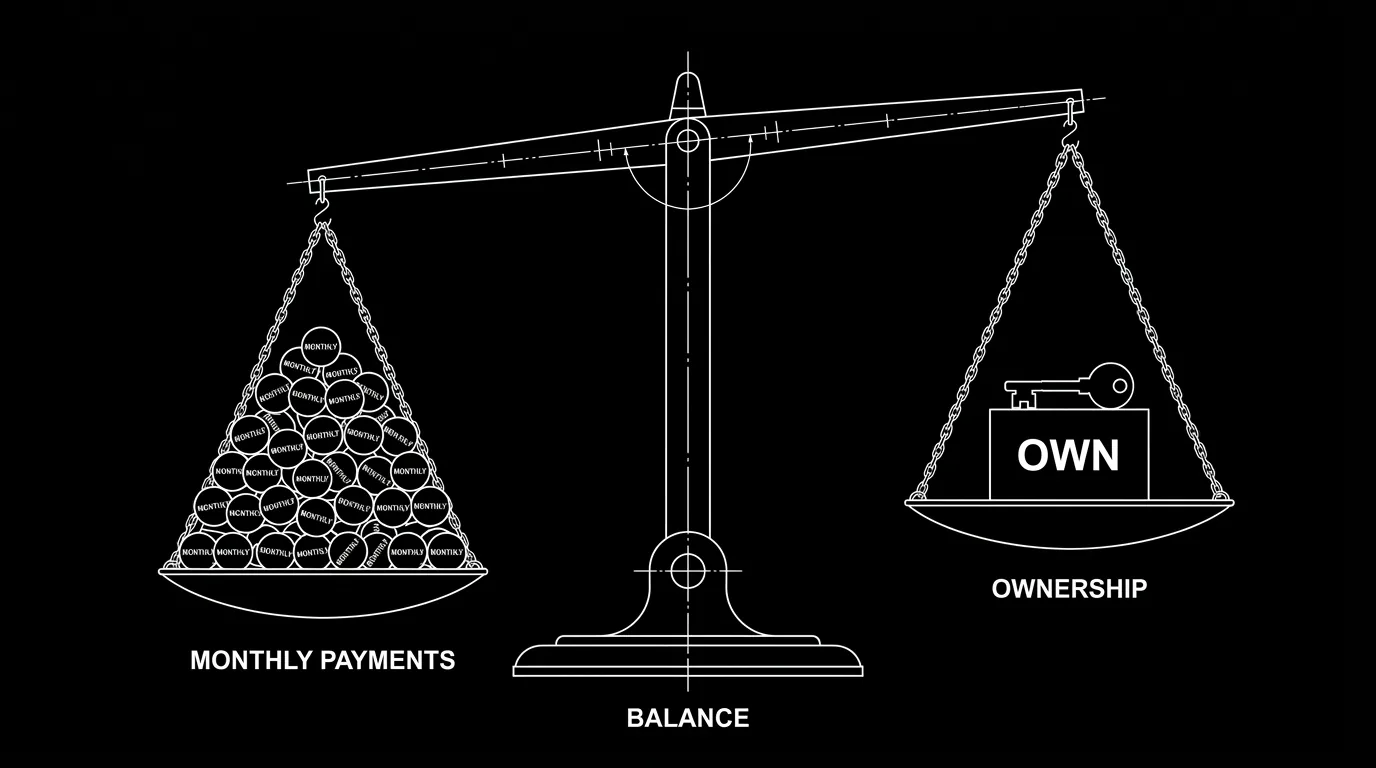 Dark mode technical sketch: balance scale with subscription coins on one side and one-time license on the other; thin white lines on black