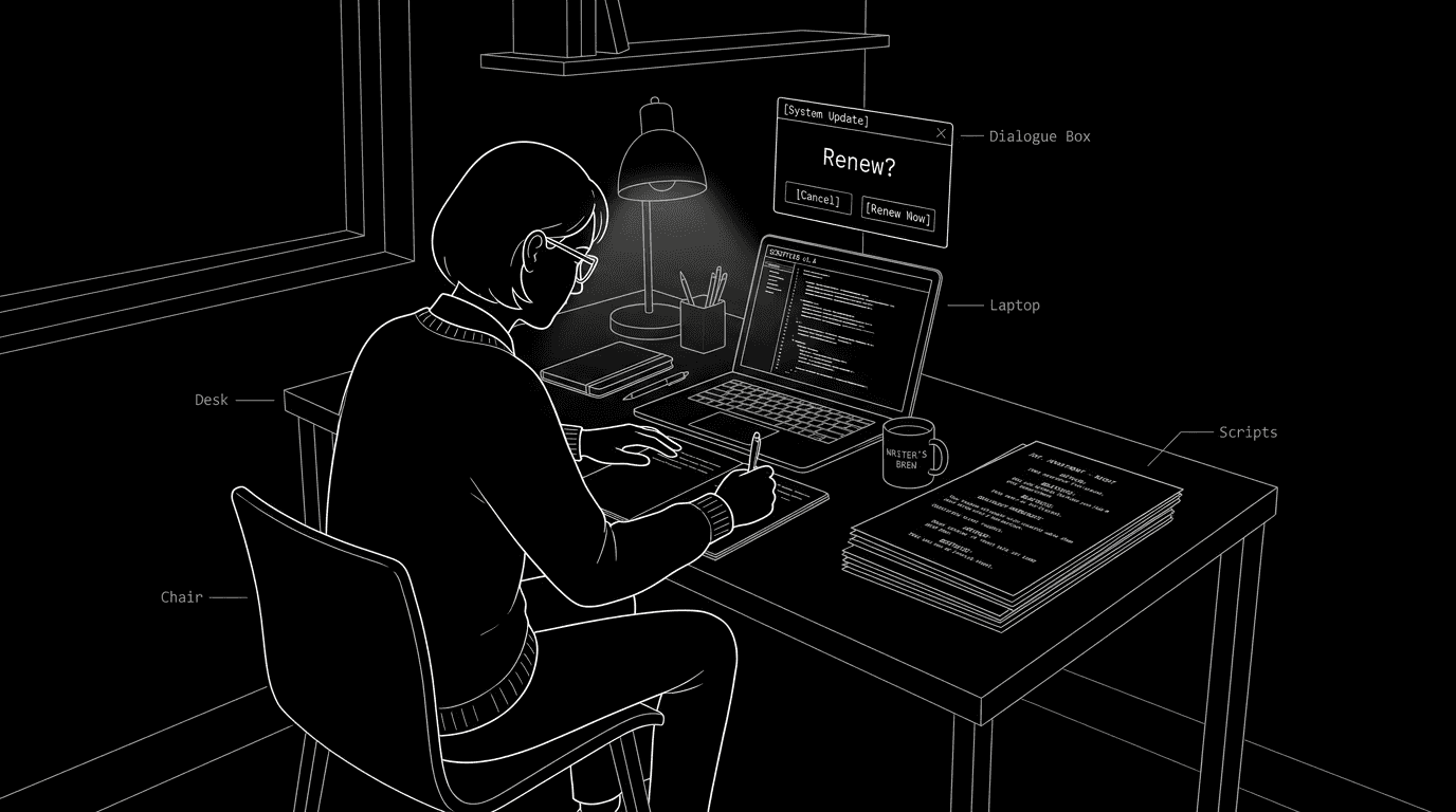Dark mode technical sketch: writer closing a subscription popup; script visible; single decisive X or "cancel" gesture