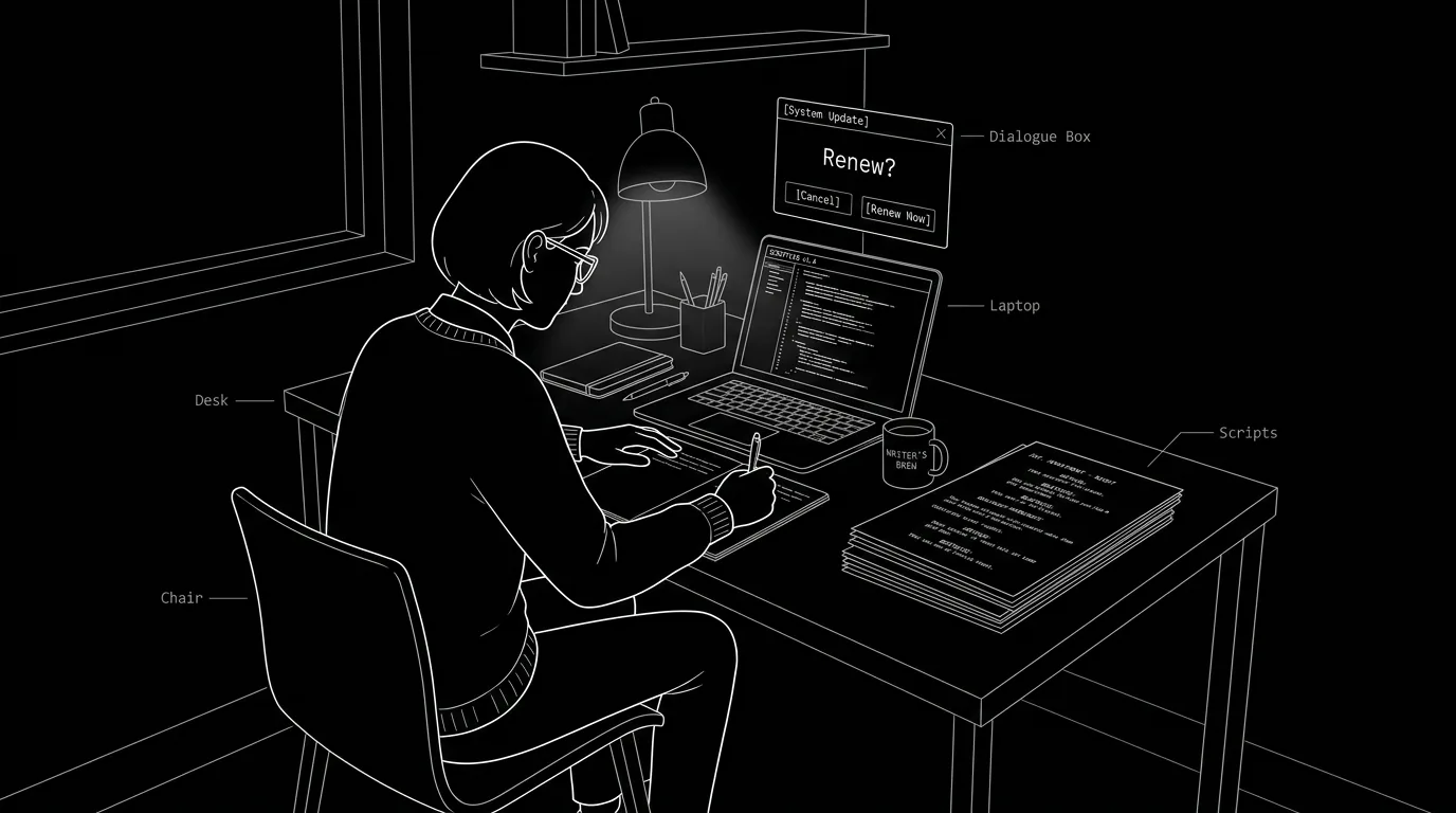 Dark mode technical sketch: writer closing a subscription popup; script visible; single decisive X or "cancel" gesture