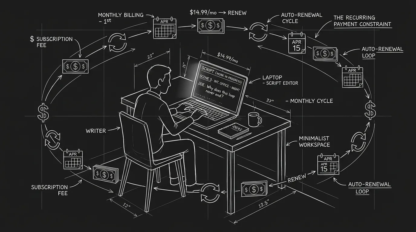 Dark mode technical sketch: writer at desk with recurring payment icons as a constraint; thin white lines on black