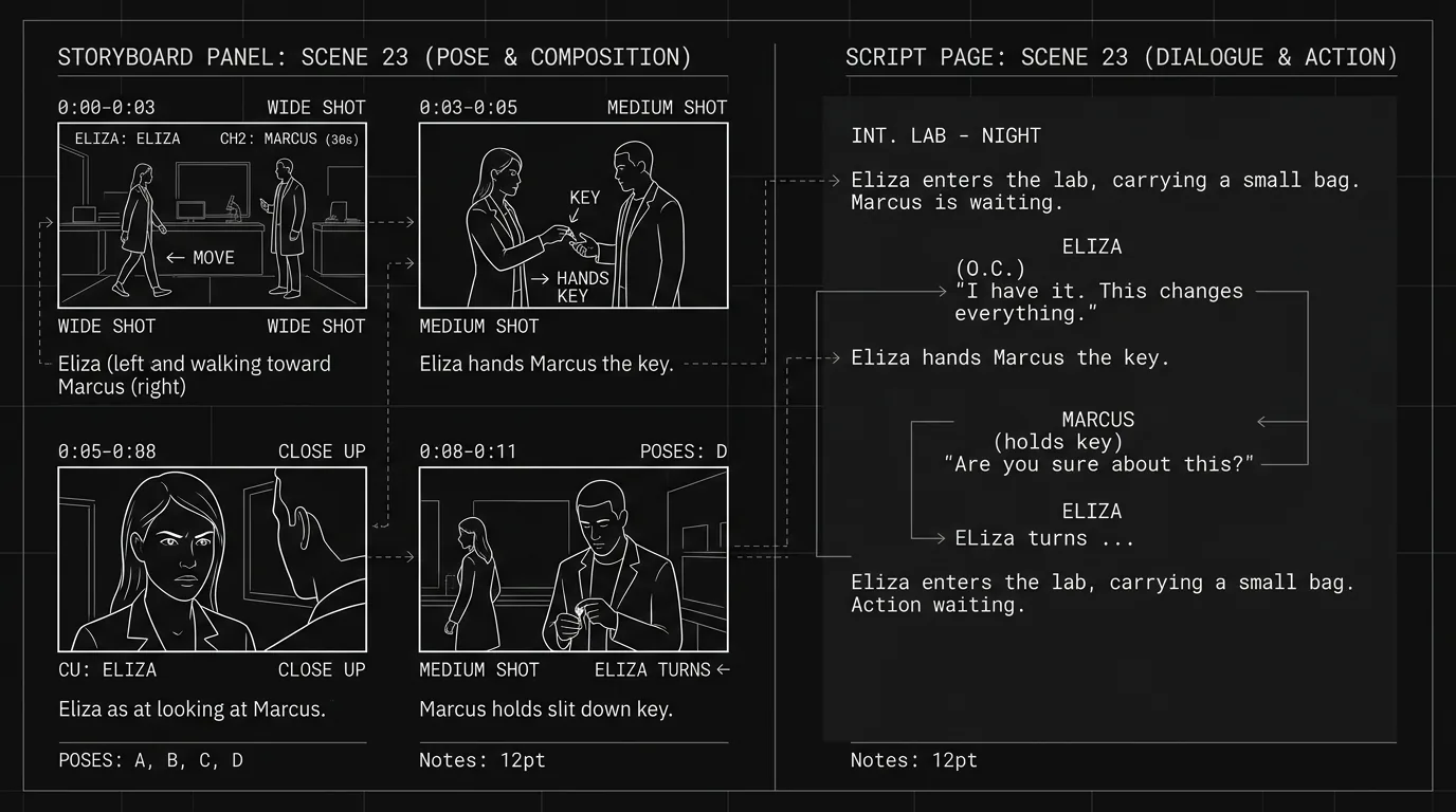 A storyboard panel next to corresponding script text; dark mode technical sketch, thin white lines on black background