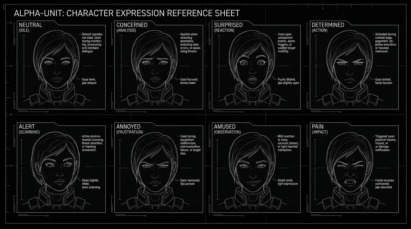 A character expression reference sheet alongside script notes; dark mode technical sketch, thin white lines on black background