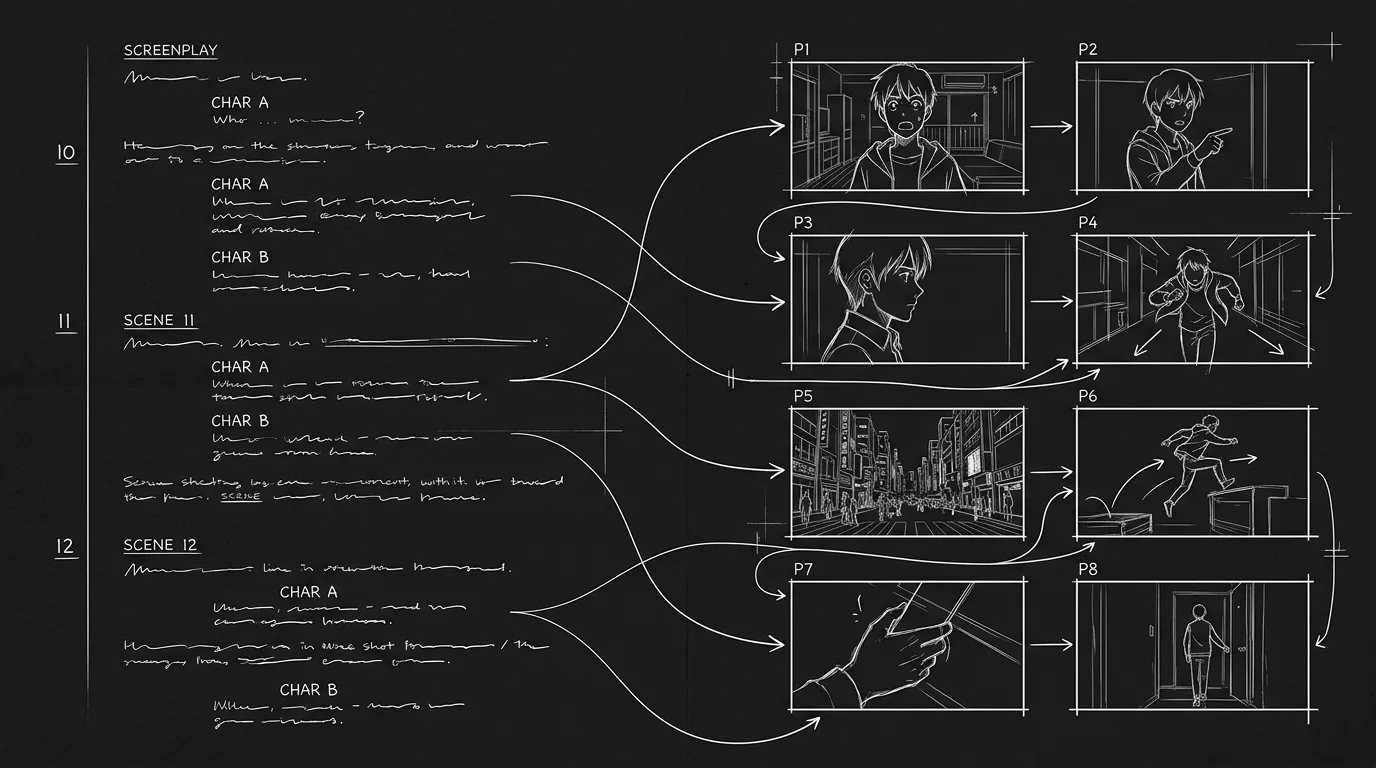 Dark mode technical sketch: anime script pages with visual panel references; thin white lines on black
