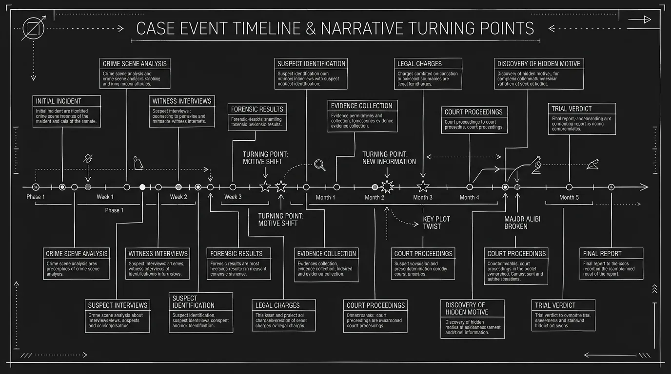 A timeline board showing case events with narrative turning points marked; dark mode technical sketch, thin white lines on black background