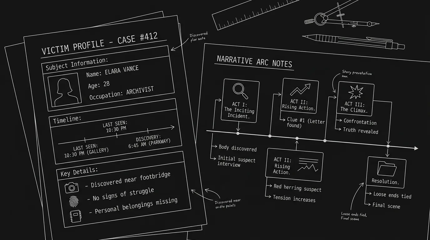 Script pages with victim profile and narrative arc notes; dark mode technical sketch, thin white lines on black background