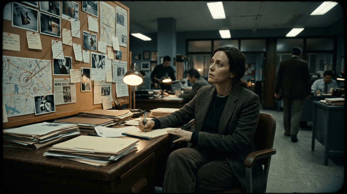 Cinematic workflow still, first angle, 35mm film grain