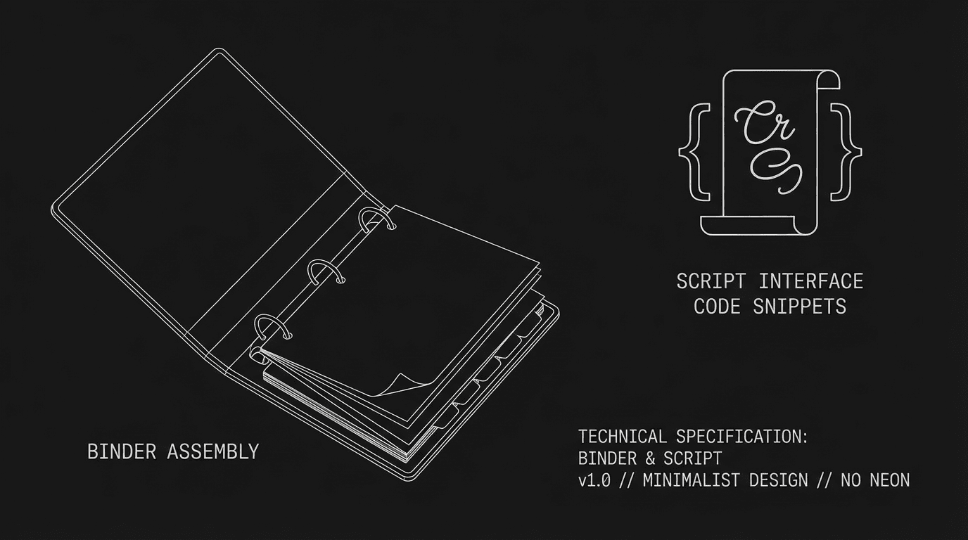 Scrivener binder and script; dark mode technical sketch