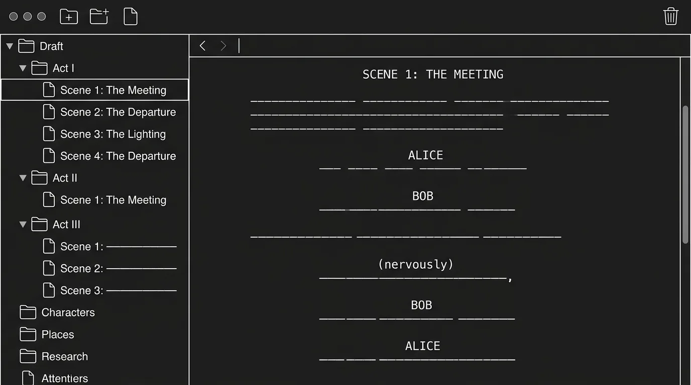 Scrivener binder and script; dark mode technical sketch