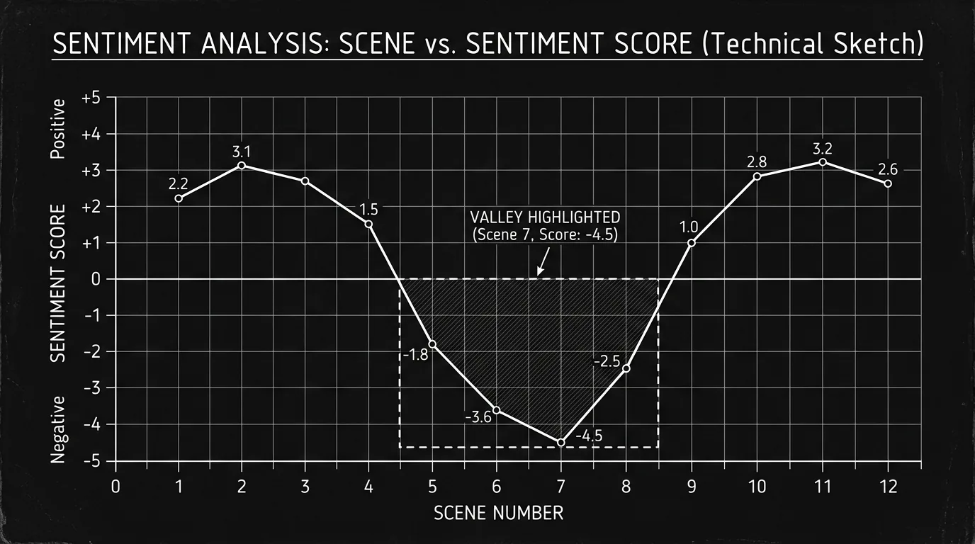 Prompt: Dark Mode Technical Sketch, simple line graph: scene number vs sentiment, with one valley highlighted, clean white lines on black --ar 16:9