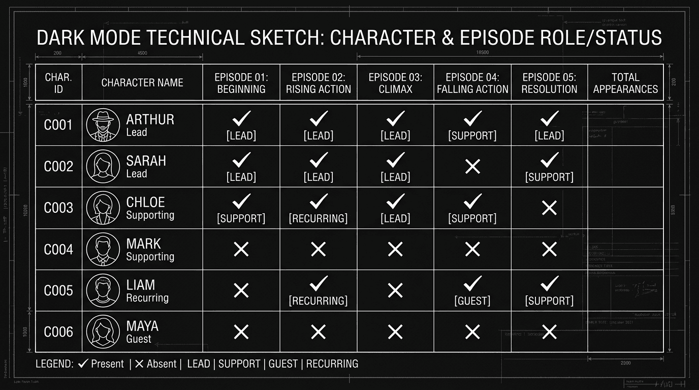 Prompt: Dark Mode Technical Sketch, table structure: Characters | Episodes with checkmarks or roles in cells, clean white lines on black --ar 16:9