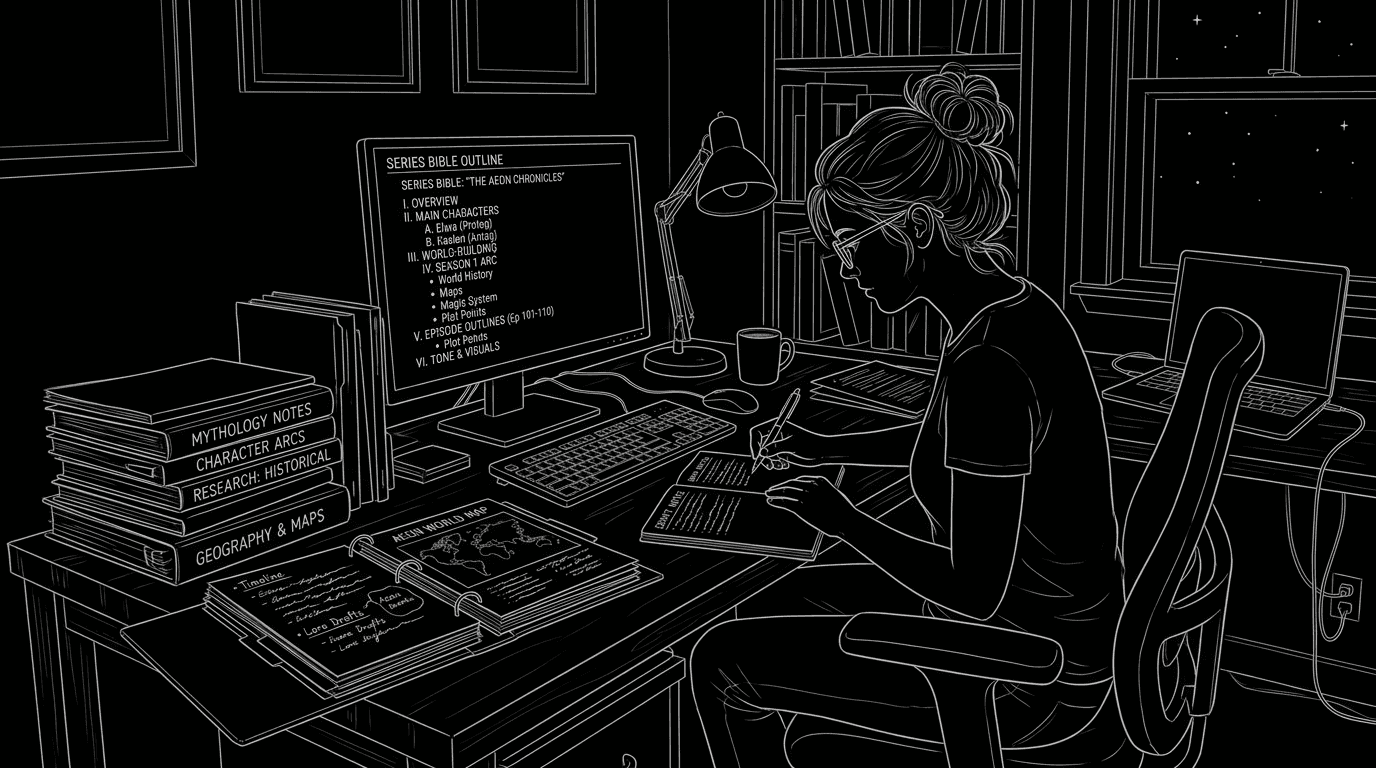Prompt: Dark Mode Technical Sketch, writer at desk with series bible outline on screen and source documents to the side, thin white lines on black --ar 16:9