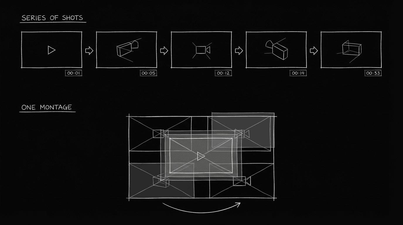 Two timelines: same event vs. time passing; dark mode technical sketch