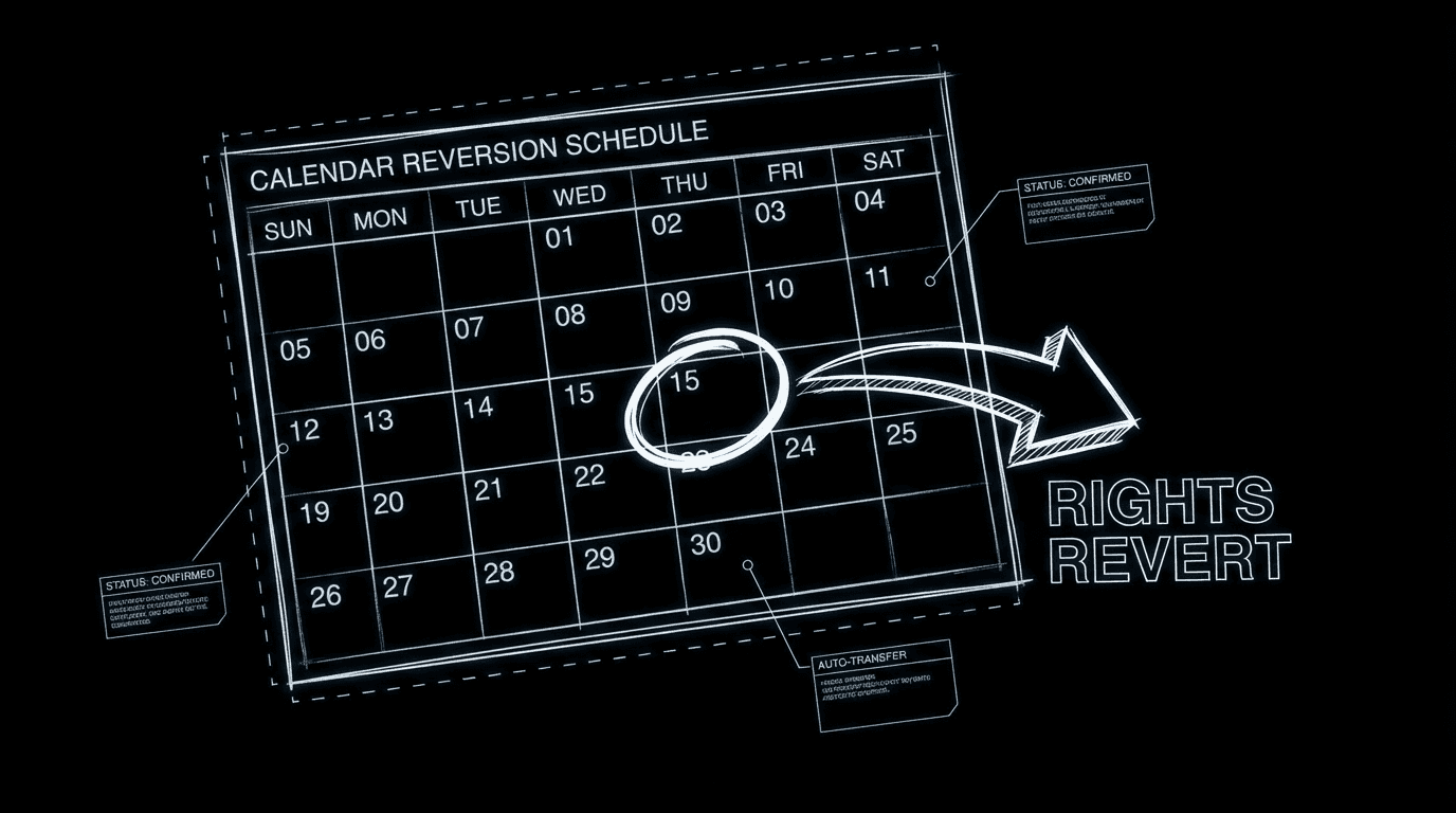 Calendar with reversion date highlighted; dark mode technical sketch