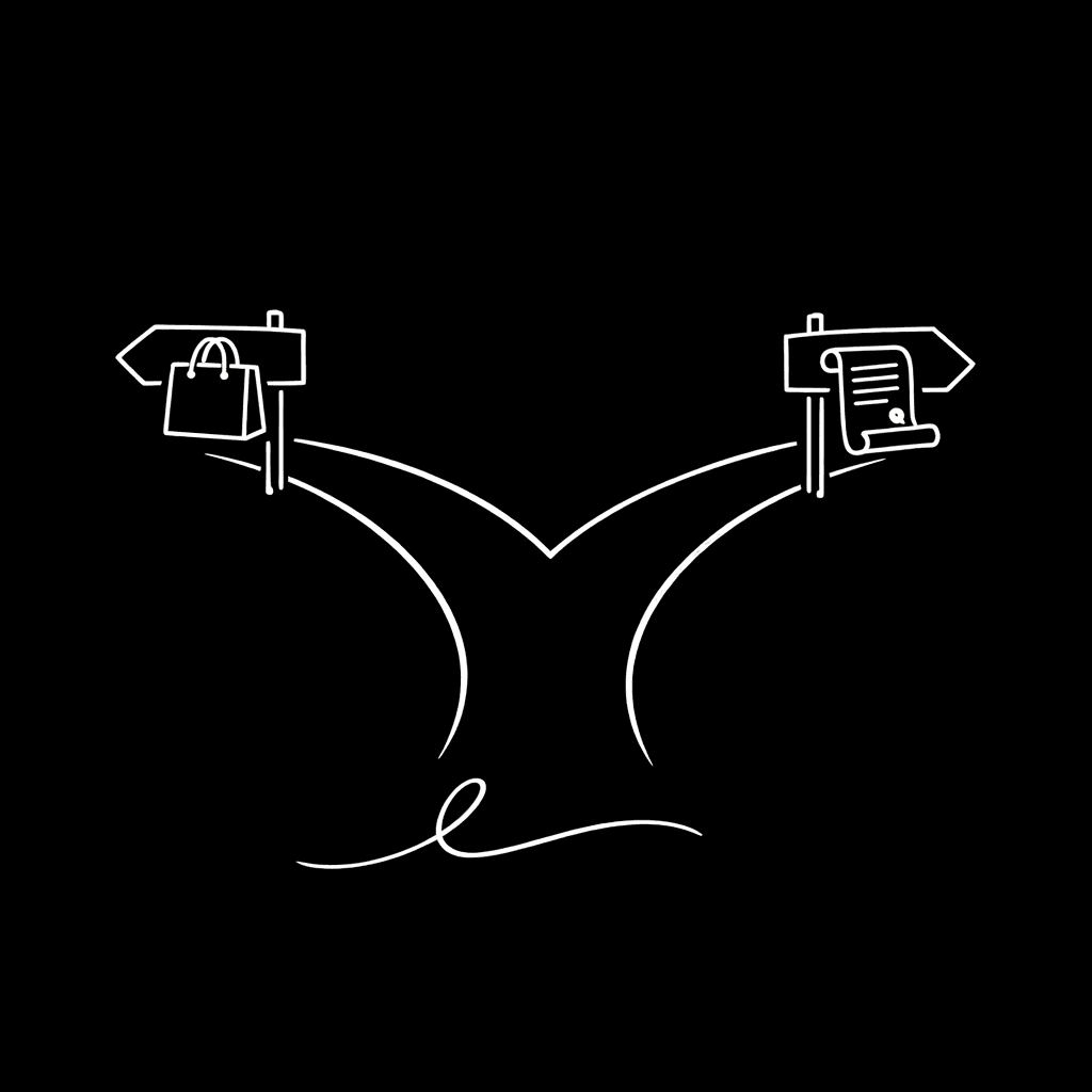 Two paths: Shopping vs Option; dark mode technical sketch