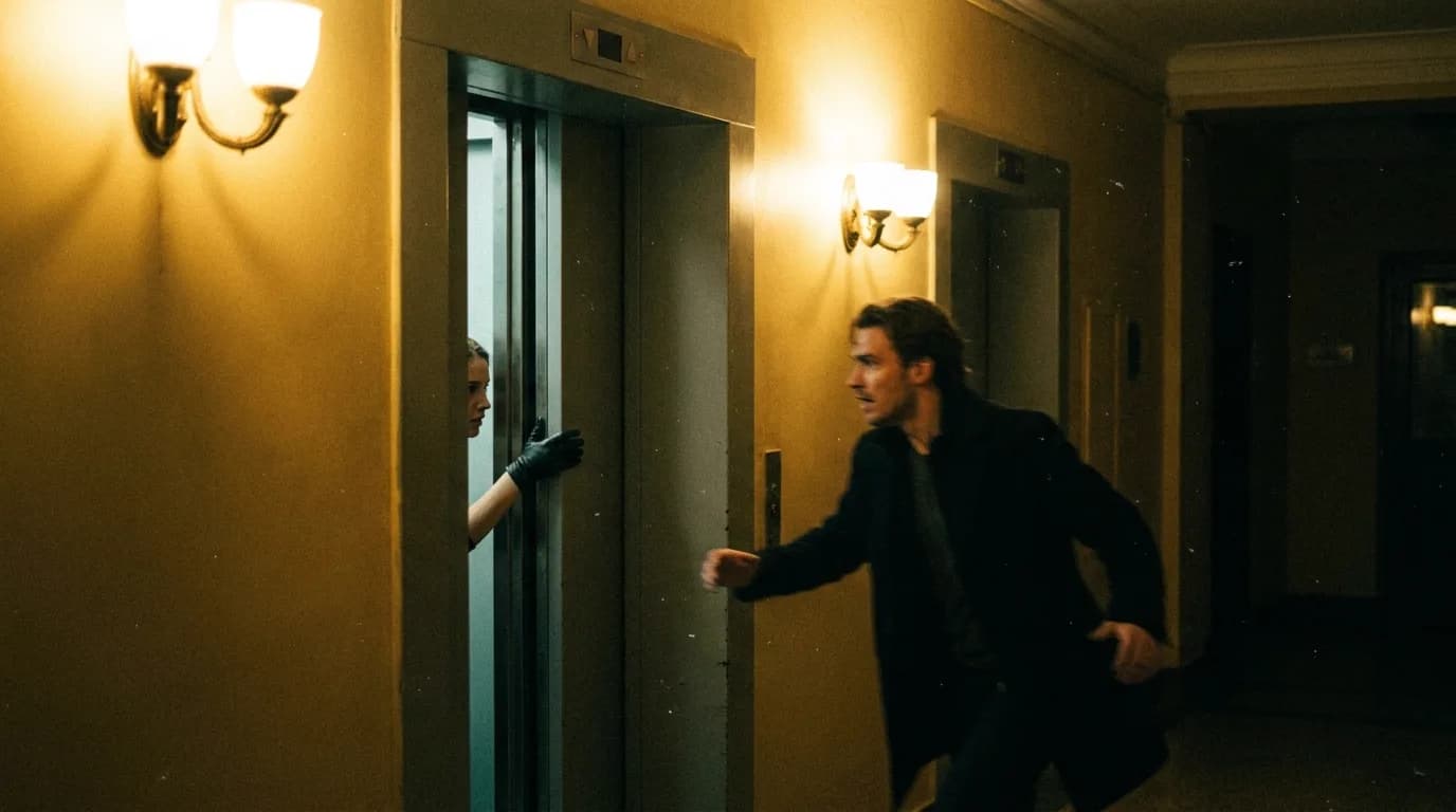 An apartment elevator lobby at night, the elevator doors closing on a woman's outstretched hand from inside, a man in the hallway lunging toward the doors too late, warm sconce light, cinematic still