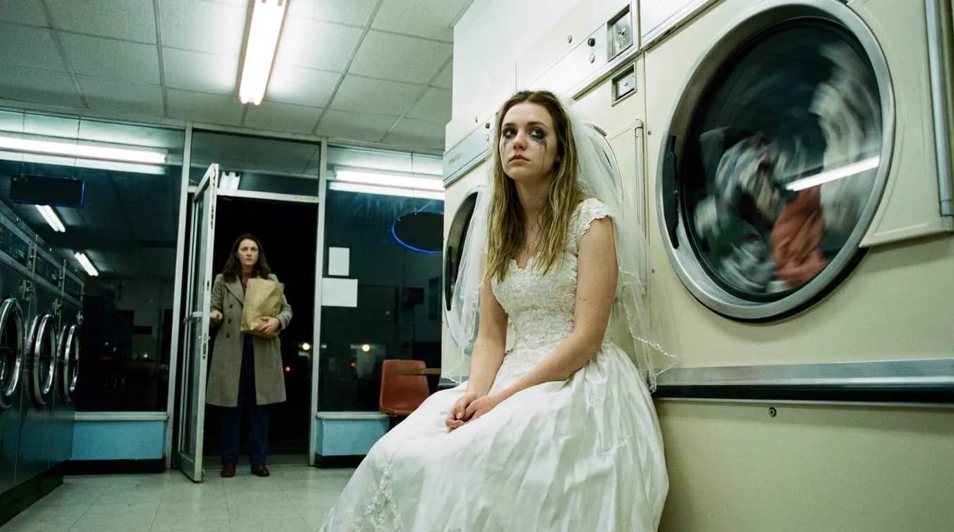 A young woman in a wedding dress sitting on a running dryer in a laundromat late at night, mascara smudged, another woman frozen in the open doorway holding a paper bag, fluorescent light, cinematic still